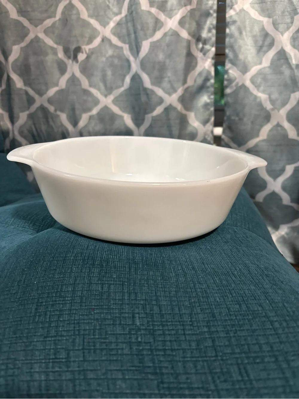 White Glass Bakeware Dish with Olive Green Floral Pattern